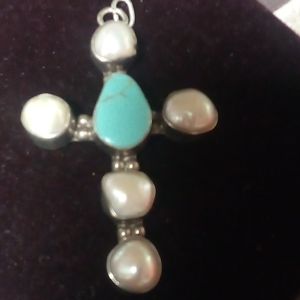 Sterling pearl cross , turquoise stone Mexico 925